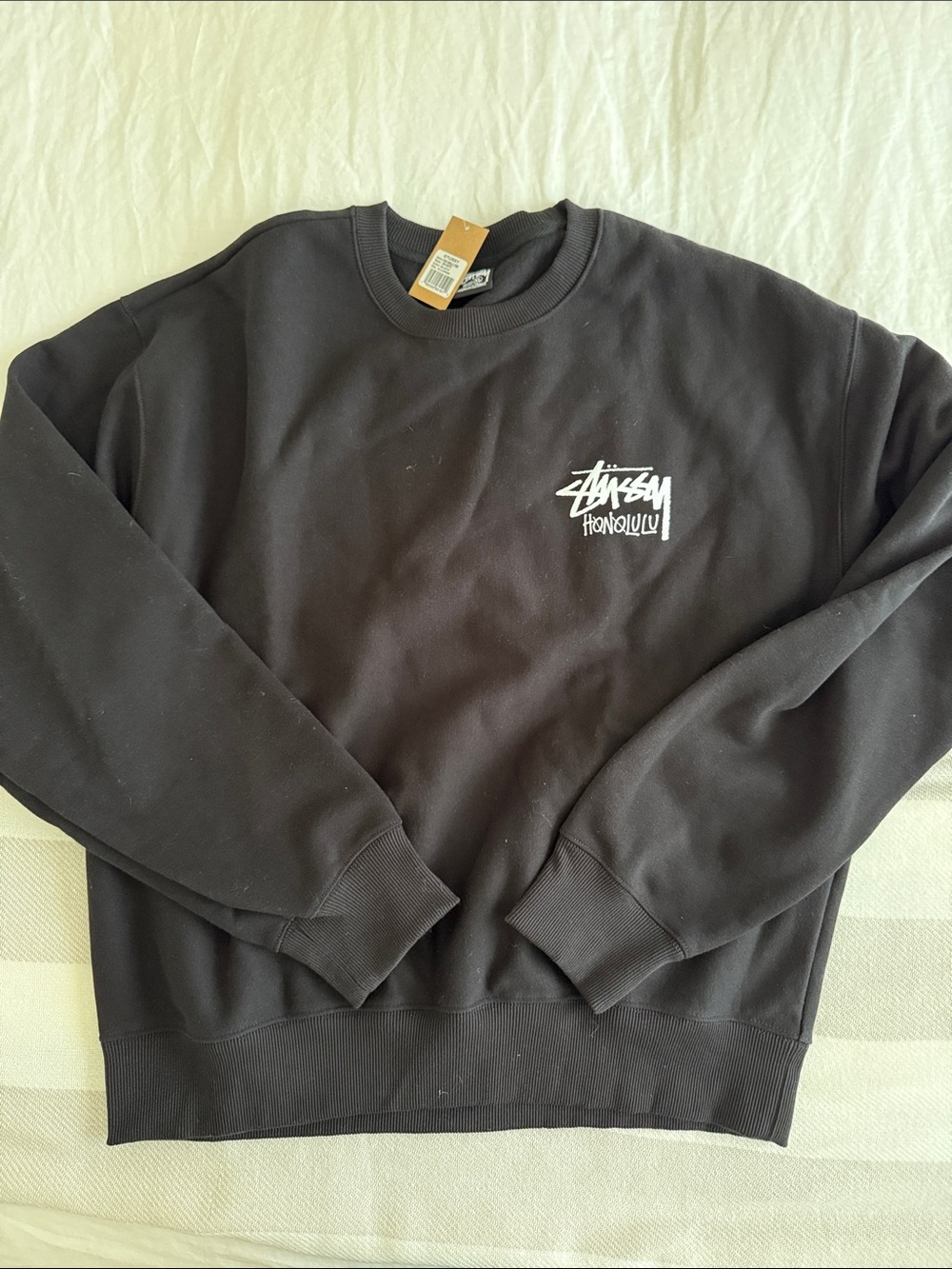 Stussy Honolulu Black Crewneck Sweatshirt with White Honolulu Logo